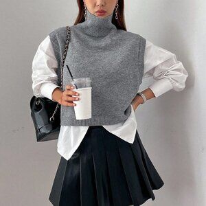 Casual Turtleneck Split Hem Sweater Vest Grey